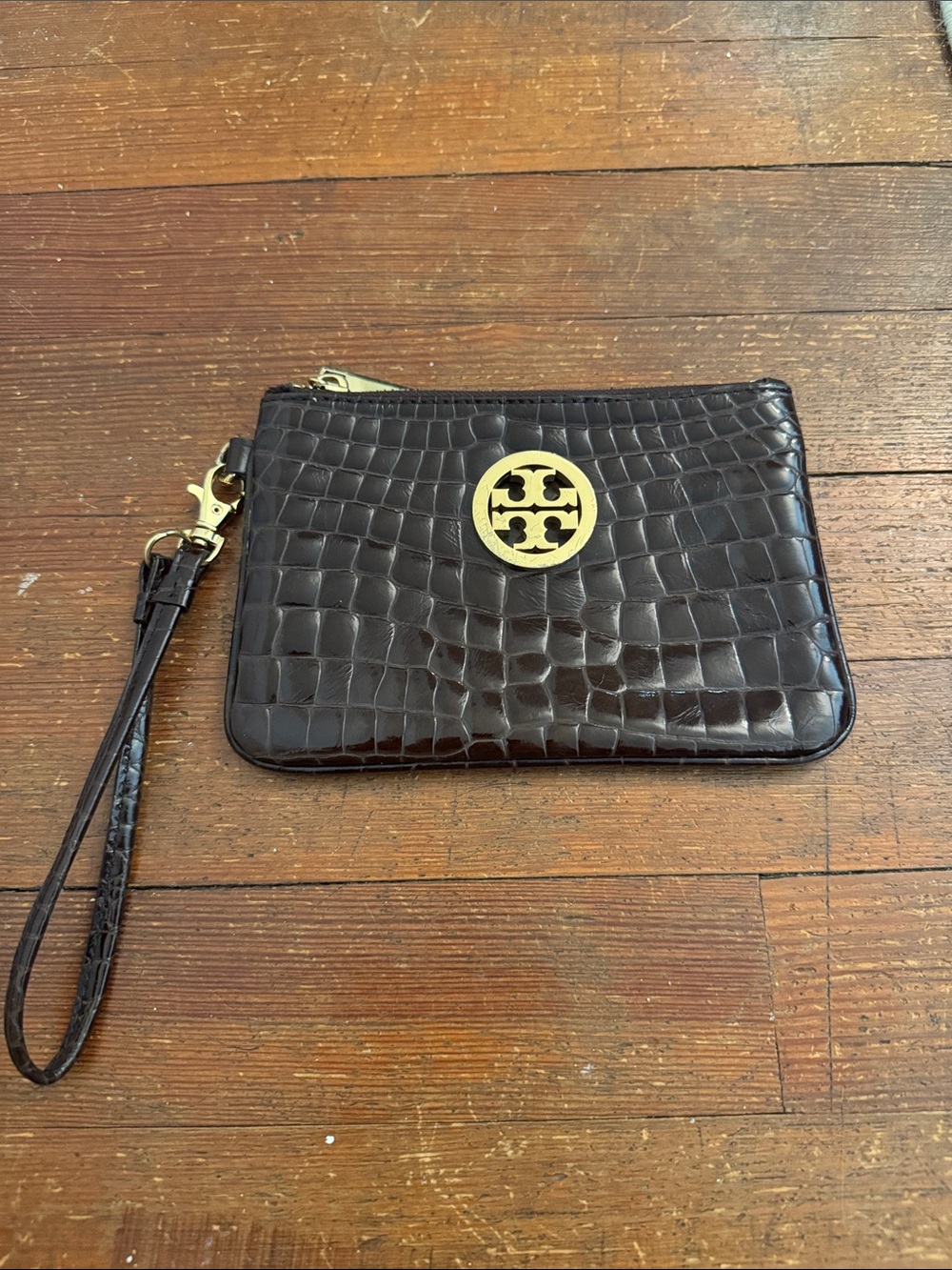 Tory Burch Black Croc-Embossed Wristlet with Gold Emblem